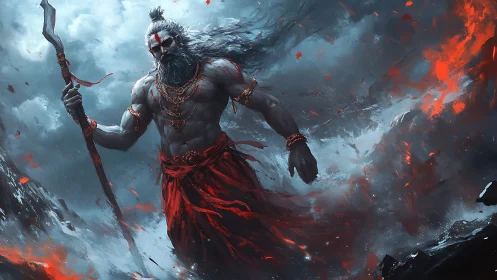 Storm-forged warrior deity strides through fire and ash