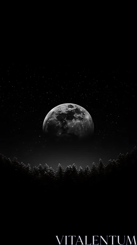 Lunar horizon emergence above silhouetted conifer canopy.