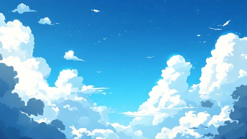 Expansive blue sky with layered cumulus cloud formations.