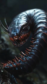 Alien centipede creature curls in shadows and bares fangs.