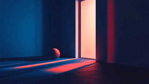 Geometric room interior uses colored light and cast shadows