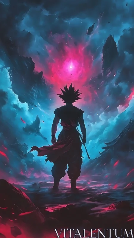 Warrior silhouette under neon storm vortex sky.