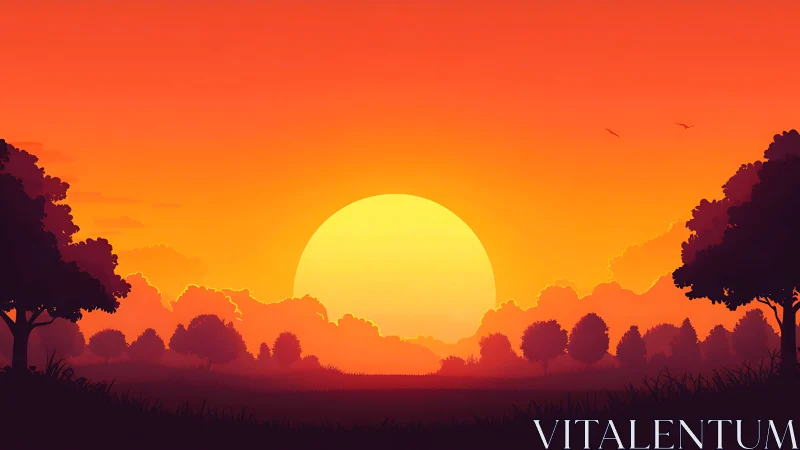 Radiant countryside sunset with silhouetted forest horizon.