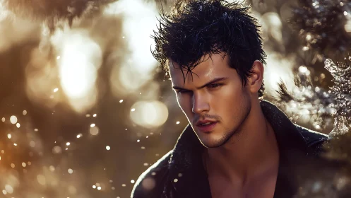 Moody male portrait in golden bokeh rainlight glow.