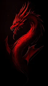 Crimson spiral dragon arcs from darkness in feral silence.