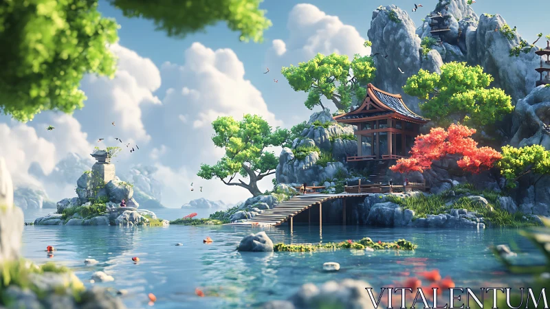 3D idyllic lakeside Japanese shrine with dynamic foliage framing.