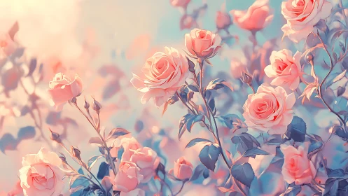 Pink Roses Blooming in Dreamy Golden Light.
