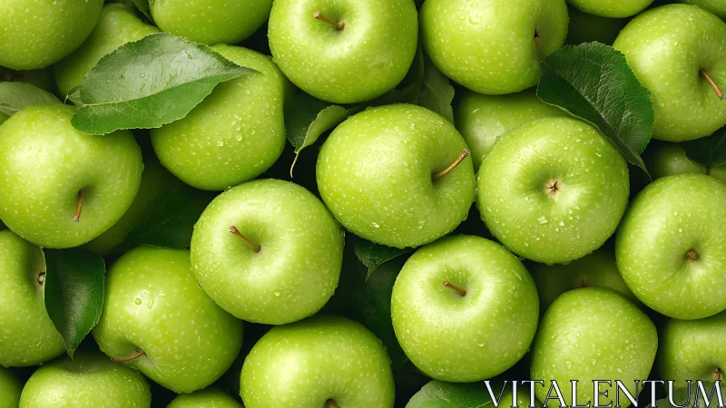 Glowing green apples clustered with dewy garden leaves.