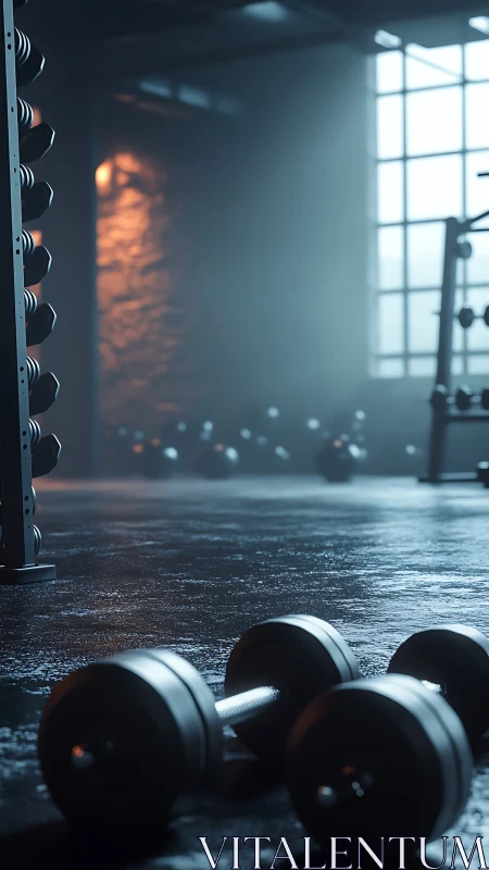 Cinematic low-key gym interior with foreground dumbbells focus.