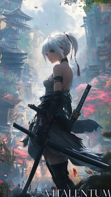 White-haired katana warrior in misty neon samurai district.