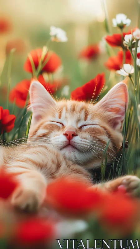 Orange tabby cat resting among red and white flowers in garden.
