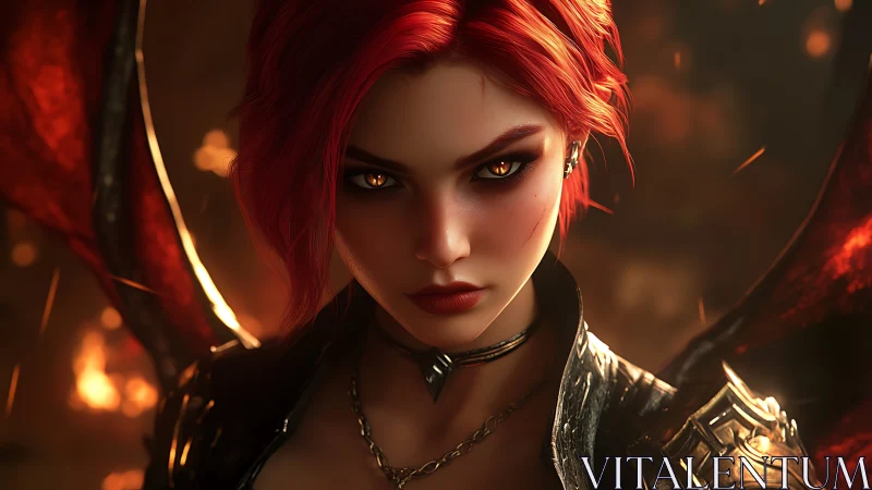 Demonic warrior portrait with fiery gaze and red wings.