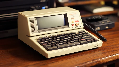 Vintage beige desktop computer terminal rests on wooden desk