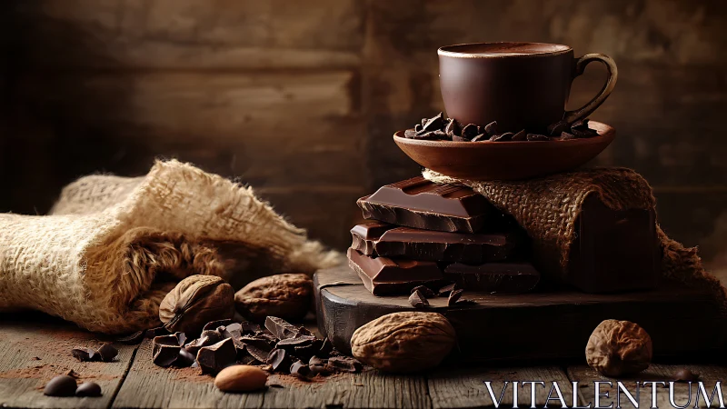 Photorealistic rustic still life of hot chocolate service.