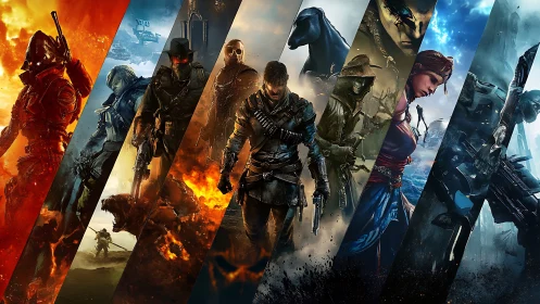 Segmented lineup of armored and armed game characters.