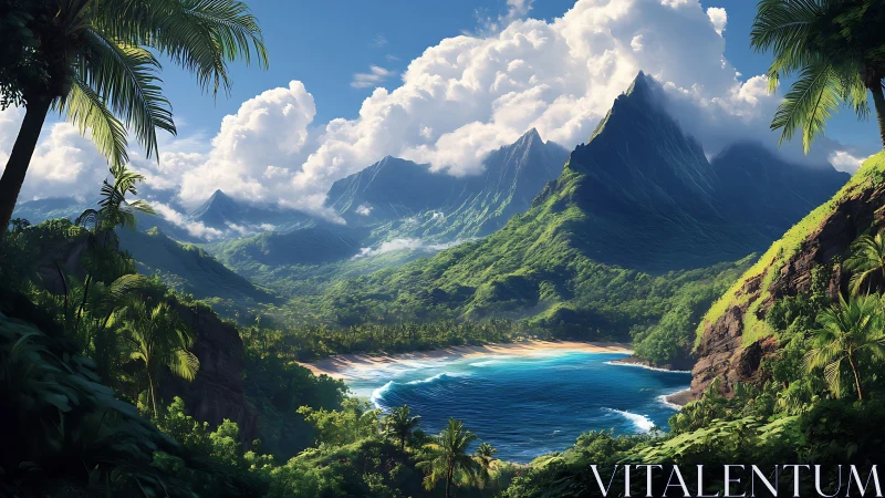 Tropical Island Valley with Dramatic Mountain Peaks.