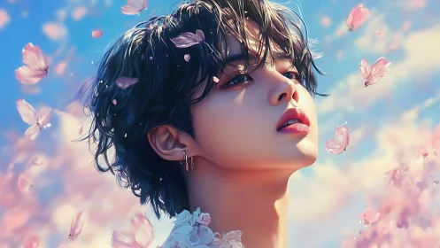 Androgynous portrait rendered in luminous floral anime realism