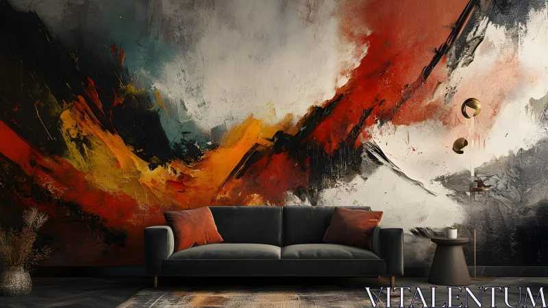 Modern living room with abstract mural and vibrant color palette.