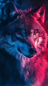 Wolf portrait in contrasting blue and red neon light.