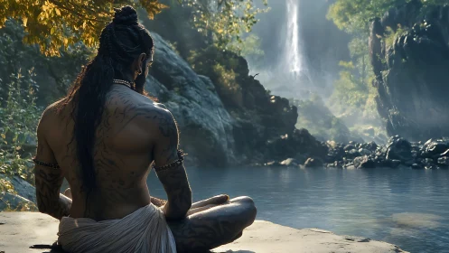 Serene tattooed mystic rests by a misty waterfall pool