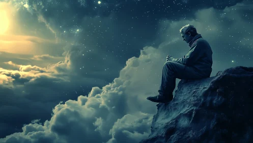 Digital painting of lone figure on celestial cliffscape at dusk.