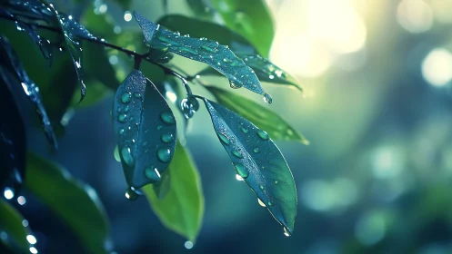 Raindrops resting on green leaves in soft morning light.