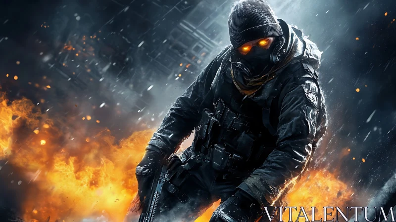 Tactical shock trooper amid incendiary urban crossfire.