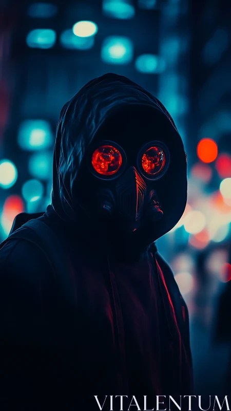 Hooded figure in respirator mask under neon bokeh city lights