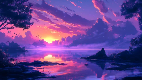 Digital sunset landscape depicts lake under vivid sky