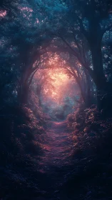 Luminescent Forest Tunnel with Golden Light Breakthrough.