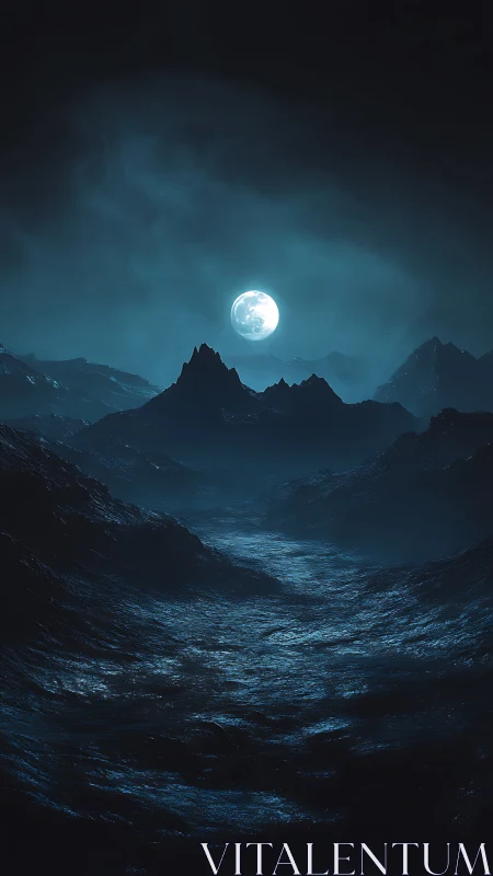 Moonlit mountainous seascape under dark overcast sky.