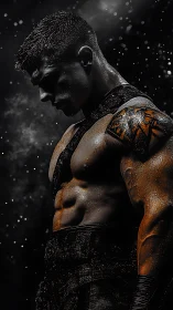 Tattooed warrior profile in dramatic low key light.