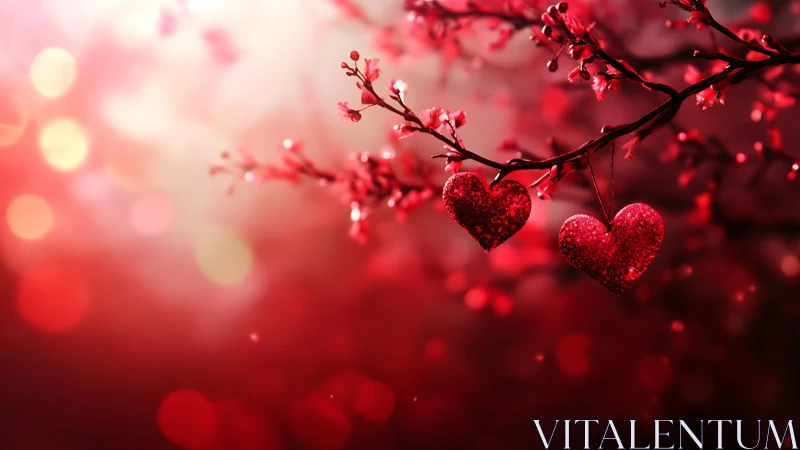 Glittered heart-shaped ornaments suspended from flowering branches with bokeh background