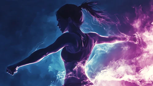 Neon warrior unleashes twin storms of electric motion.