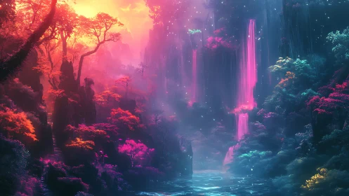 Digital render depicting waterfall in forest canyon with neon lighting