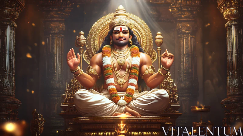 Divine seated deity in ornate golden temple interior scene.