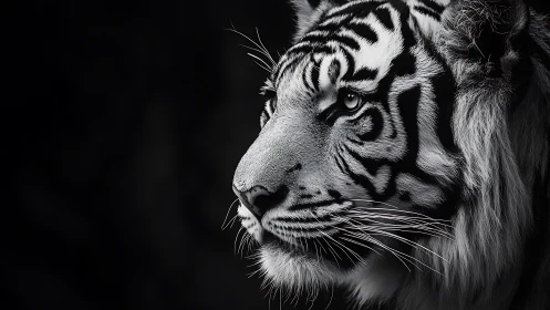 Monochrome tiger portrait with dramatic side lighting profile.