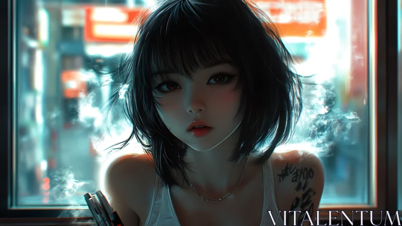 Tattooed girl framed by neon window light and rising smoke.