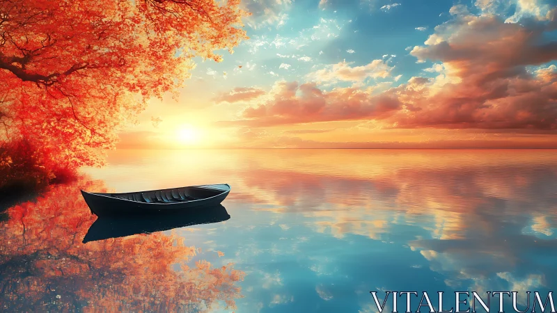 Quiet boat at sunset beneath fiery autumn canopy.