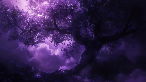 Bioluminescent purple tree canopy against luminous storm clouds