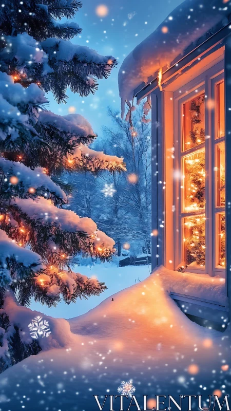 Cozy winter window glow beside softly lit snowy pines.