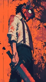 Blood-soaked masked fighter holds chainsaw in stylized profile