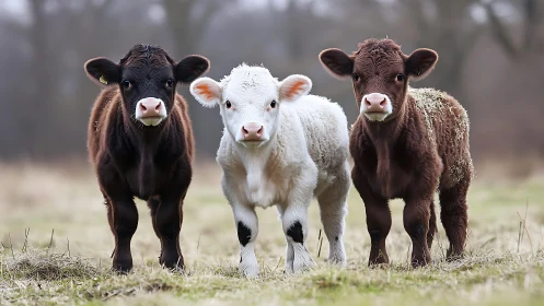 Pasture-side calf trio posing like fluffy woodland sentinels.