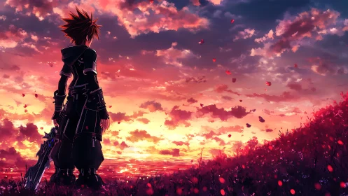 Sword-carrying figure overlooking vivid sunset field.