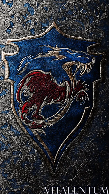 Gleaming dragon crest on deep blue medieval shield.