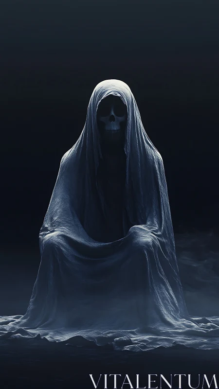 Digital painting of shrouded skeletal figure in voided chiaroscuro.