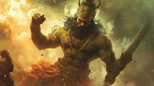 Mythic armored warrior with sword in cinematic battle smoke