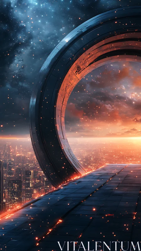 Massive orbital gate dominates futuristic skyline at sunset glow