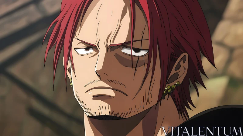 Red haired anime pirate glares with stern determined focus