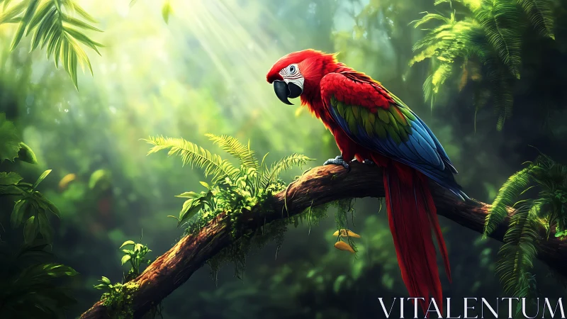 Vibrant Scarlet Macaw on Jungle Branch, Lush Digital Art Scene.